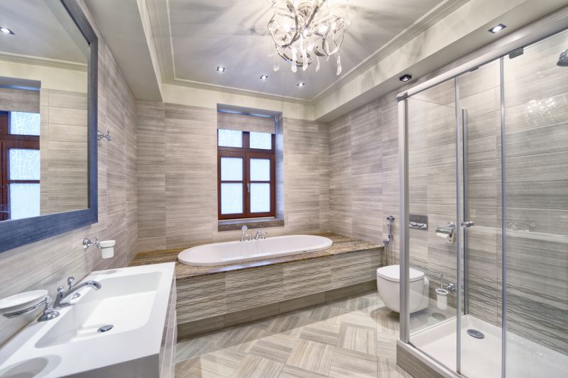 Spa-like bathroom with soaking tub and ambient lighting